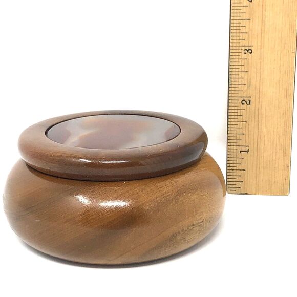 Hand Crafted Wood Trinket Box with Agate Stone Inlay Lid Artisan Made in Brazil - Picture 8 of 9